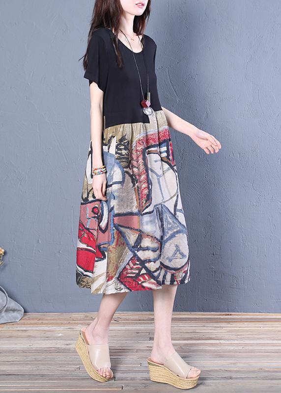 Unique black Cotton tunic pattern o neck patchwork Midi Dresses - SooLinen