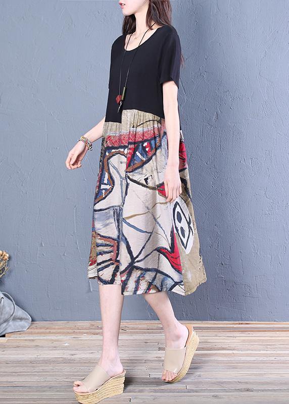 Unique black Cotton tunic pattern o neck patchwork Midi Dresses - SooLinen