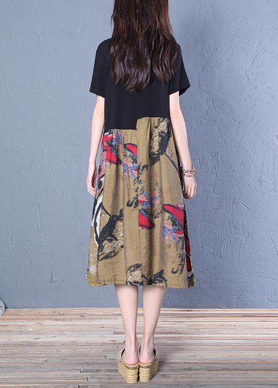 Unique black Cotton tunic pattern o neck patchwork Midi Dresses - SooLinen