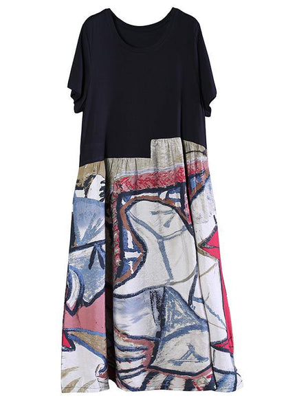 Unique black Cotton tunic pattern o neck patchwork Midi Dresses - SooLinen