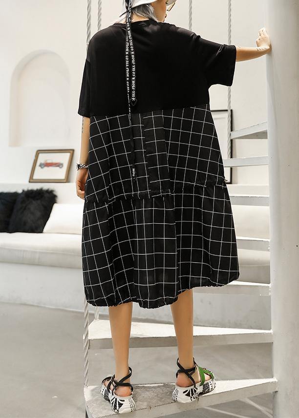Unique black Plaid Cotton Wardrobes patchwork o neck Art summer Dresses - SooLinen