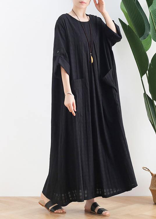 Unique black cotton quilting dresses o neck Batwing Sleeve A Line summer Dress - SooLinen