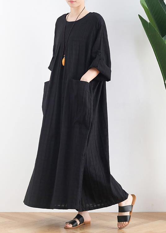 Unique black cotton quilting dresses o neck Batwing Sleeve A Line summer Dress - SooLinen