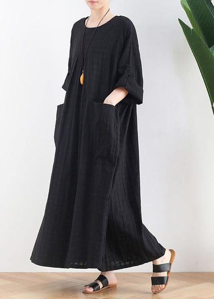 Unique black cotton quilting dresses o neck Batwing Sleeve A Line summer Dress - SooLinen