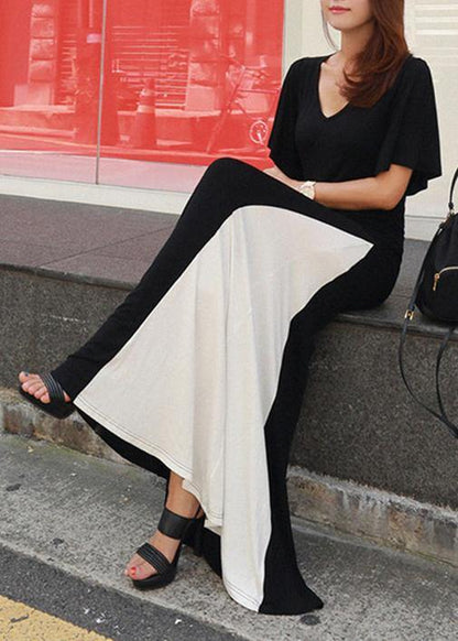 Unique black cotton tunic top v neck patchwork Art summer Dresses - SooLinen