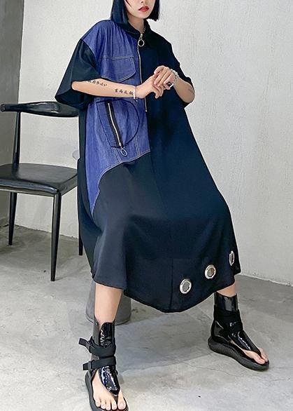 Unique black cotton tunics for women lapel patchwork Maxi Dress - SooLinen