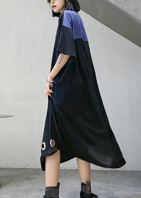 Unique black cotton tunics for women lapel patchwork Maxi Dress - SooLinen
