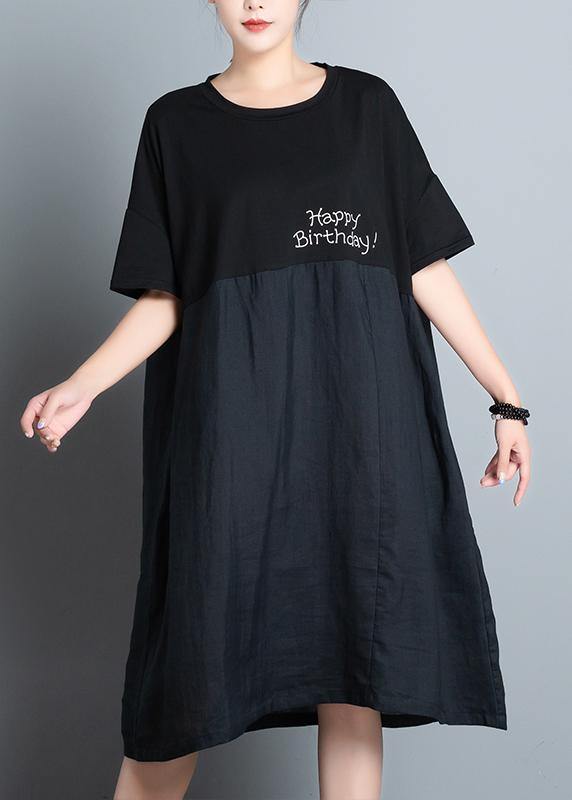 Unique black print dress o neck patchwork A Line summer Dresses - SooLinen