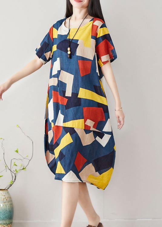 Unique blue asymmetric plaid Cotton dresses short sleeve Art summer Dress - SooLinen