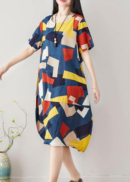 Unique blue asymmetric plaid Cotton dresses short sleeve Art summer Dress - SooLinen