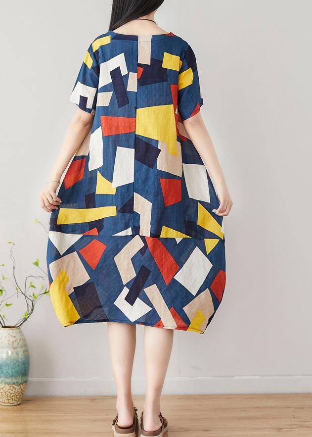 Unique blue asymmetric plaid Cotton dresses short sleeve Art summer Dress - SooLinen