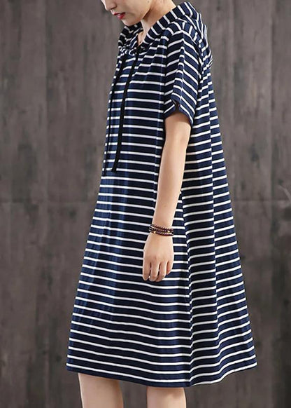 Unique cotton clothes Women Casual Classic Wild Striped Hooded Loose Dress - SooLinen