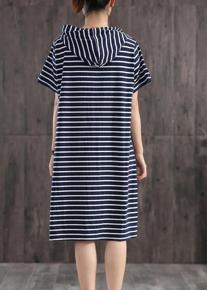Unique cotton clothes Women Casual Classic Wild Striped Hooded Loose Dress - SooLinen