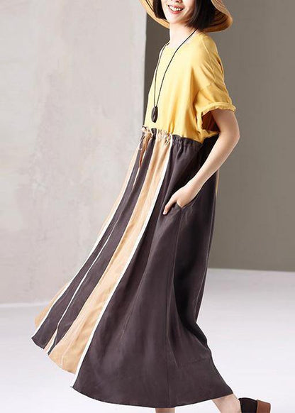 Unique cotton clothes stylish Spliced Striped Round Neck A-Line Dress - SooLinen