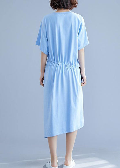 Unique drawstring waist cotton summer clothes For Women blue o neck oversized dresses - SooLinen