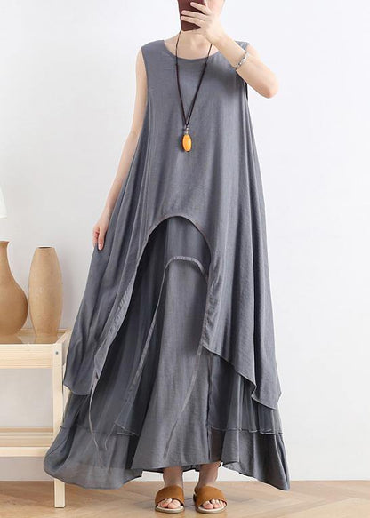 Unique gray cotton dresso neck asymmetric robes summer Dress - SooLinen
