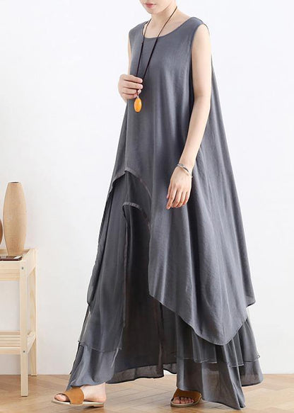 Unique gray cotton dresso neck asymmetric robes summer Dress - SooLinen