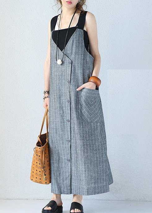 Unique gray striped linen dresses Single-breasted Maxi sleeveless Dress - SooLinen