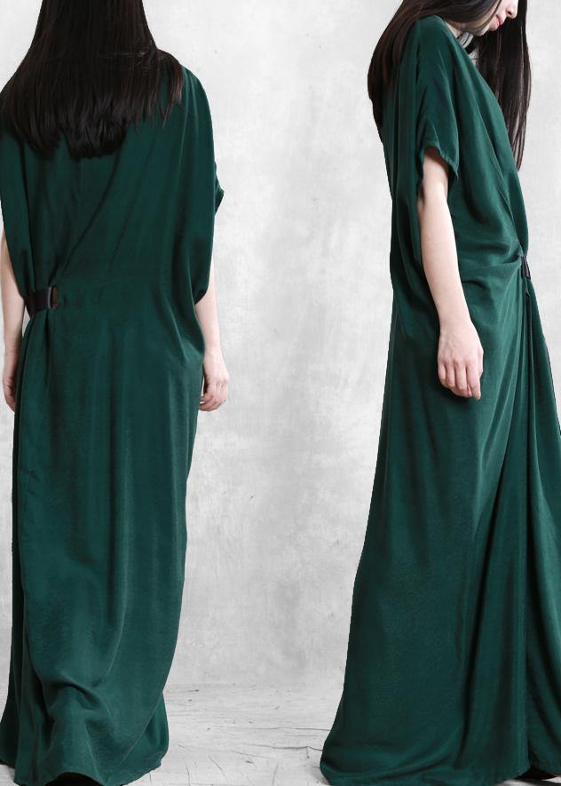 Unique green dress o neck asymmetric Robe summer Dress - SooLinen
