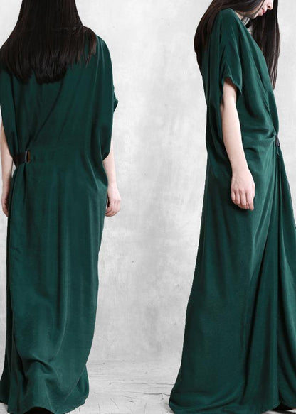 Unique green dress o neck asymmetric Robe summer Dress - SooLinen