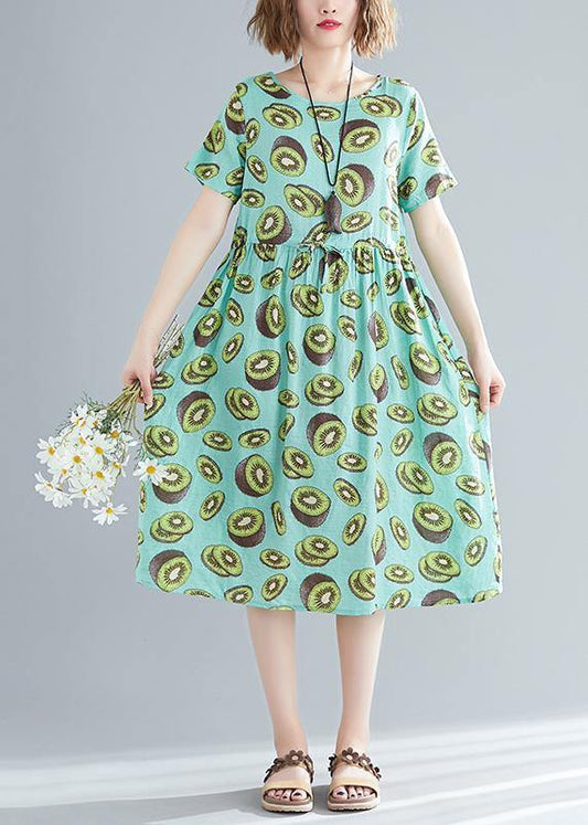 Unique green print linen clothes Women Korea pattern o neck drawstring Art Summer Dress - SooLinen