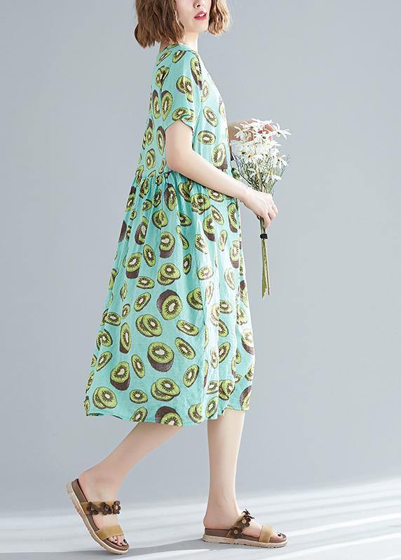 Unique green print linen clothes Women Korea pattern o neck drawstring Art Summer Dress - SooLinen