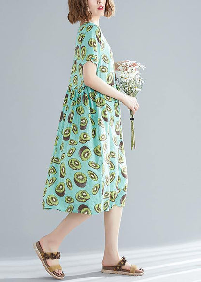 Unique green print linen clothes Women Korea pattern o neck drawstring Art Summer Dress - SooLinen