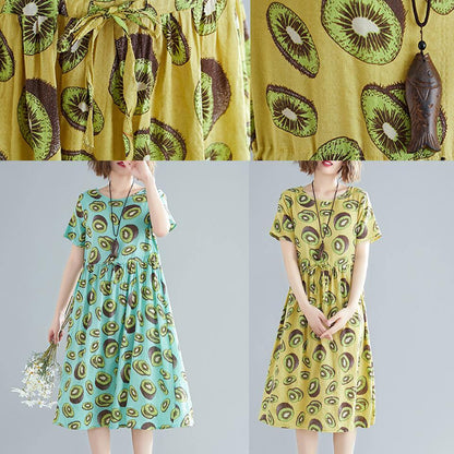 Unique green print linen clothes Women Korea pattern o neck drawstring Art Summer Dress - SooLinen