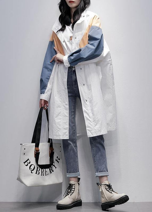 Unique hooded zippered Fine patchwork tunics for women white Dresses coat - SooLinen