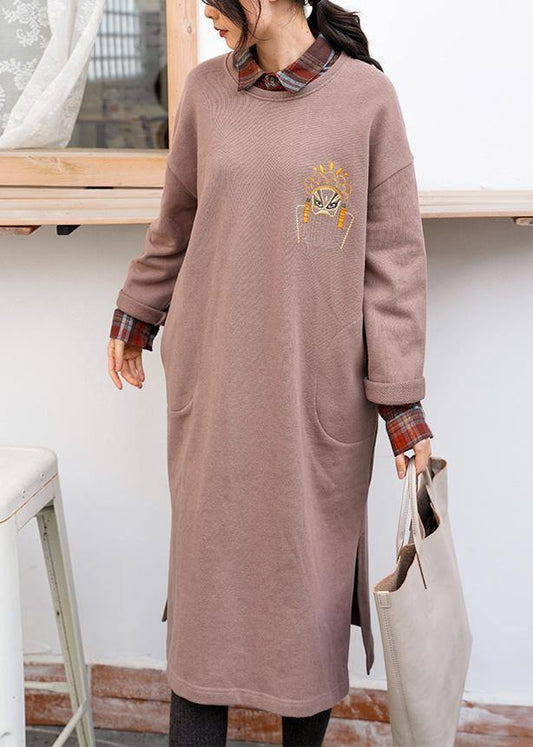 Unique khaki cotton clothes o neck side open Dresses - SooLinen