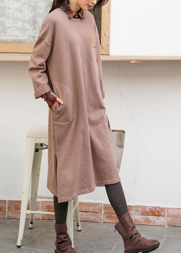 Unique khaki cotton clothes o neck side open Dresses - SooLinen