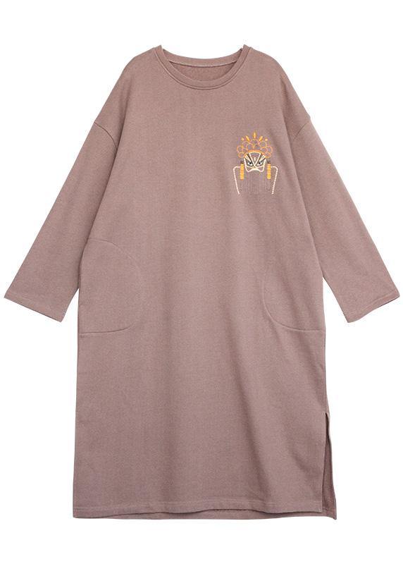 Unique khaki cotton clothes o neck side open Dresses - SooLinen