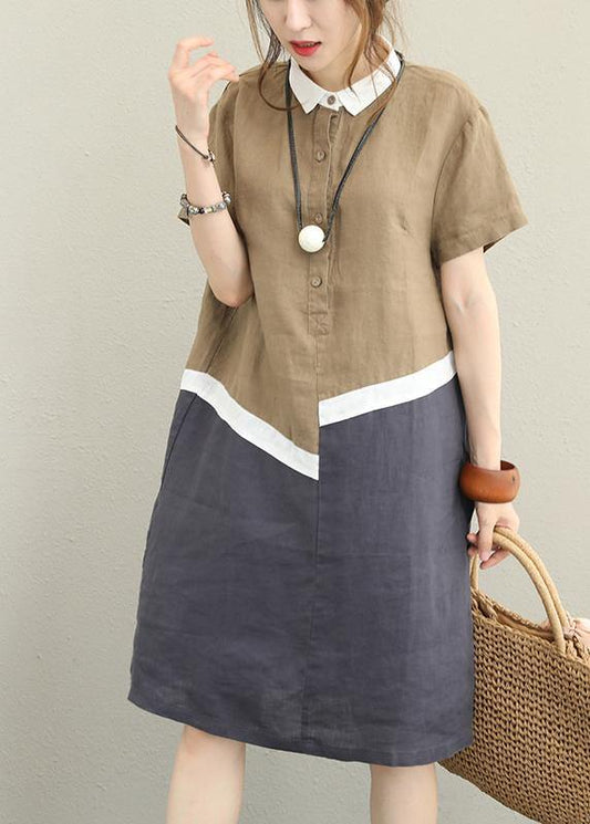 Unique khaki linen dress lapel patchwork cotton Dress - SooLinen