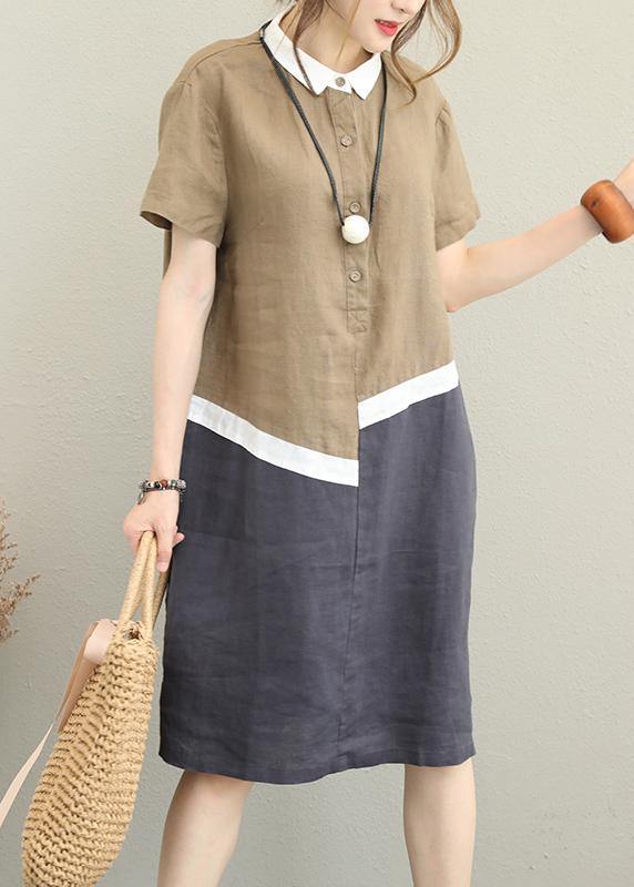 Unique khaki linen dress lapel patchwork cotton Dress - SooLinen