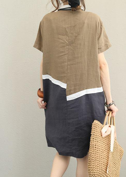 Unique khaki linen dress lapel patchwork cotton Dress - SooLinen