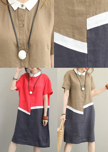 Unique khaki linen dress lapel patchwork cotton Dress - SooLinen
