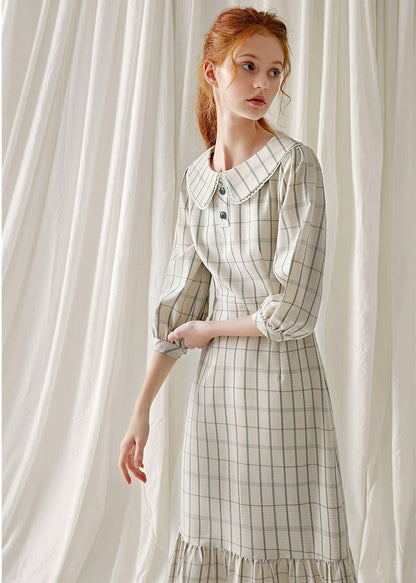 Unique light nude plaid blended clothes ruffles hem cotton robes fall Dresses - SooLinen