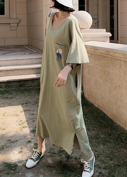 Unique low high design cotton Tunics Wardrobes army green v neck Robe Dresses summer - SooLinen