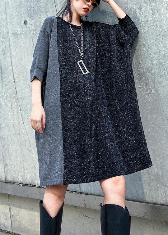 Unique o neck Batwing Sleeve Cotton Tunic pattern black Dress - SooLinen
