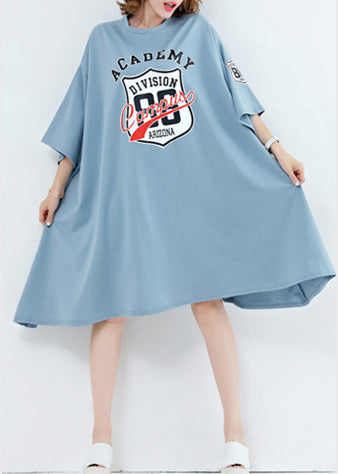 Unique o neck asymmetric Cotton dresses 2025 Work light blue Midi Dresses Summer