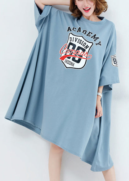 Unique o neck asymmetric Cotton dresses 2025 Work light blue Midi Dresses Summer