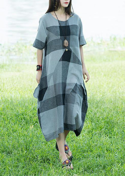 Unique o neck linen dresses light gray plaid patchwork loose Dresses sundress - SooLinen