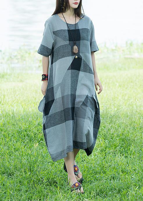 Unique o neck linen dresses light gray plaid patchwork loose Dresses sundress - SooLinen