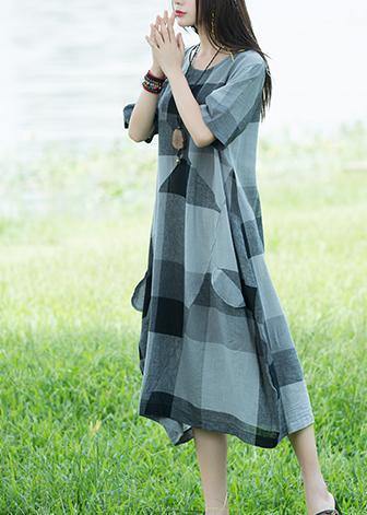 Unique o neck linen dresses light gray plaid patchwork loose Dresses sundress - SooLinen