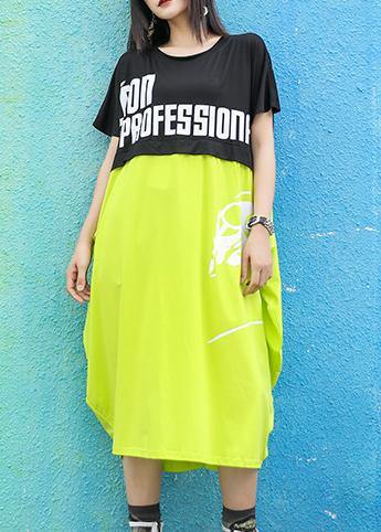 Unique o neck patchwork Cotton dresses Wardrobes black green print Dresses summer - SooLinen