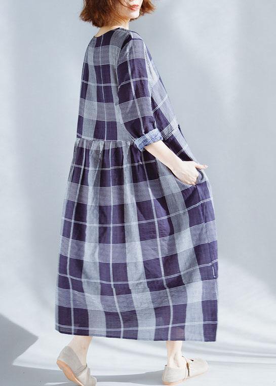Unique o neck patchwork cotton outfit Catwalk blue plaid Dresses summer - SooLinen