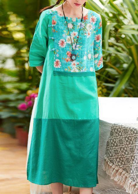 Unique o neck patchwork linen clothes For Women Outfits green print Dress summer - SooLinen
