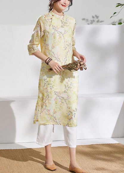 Unique o neck patchwork linen summer clothes Runway yellow print Dresses - SooLinen
