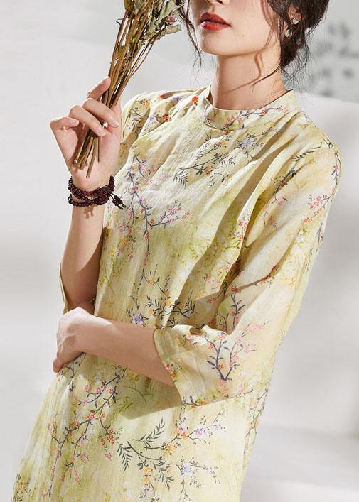 Unique o neck patchwork linen summer clothes Runway yellow print Dresses - SooLinen