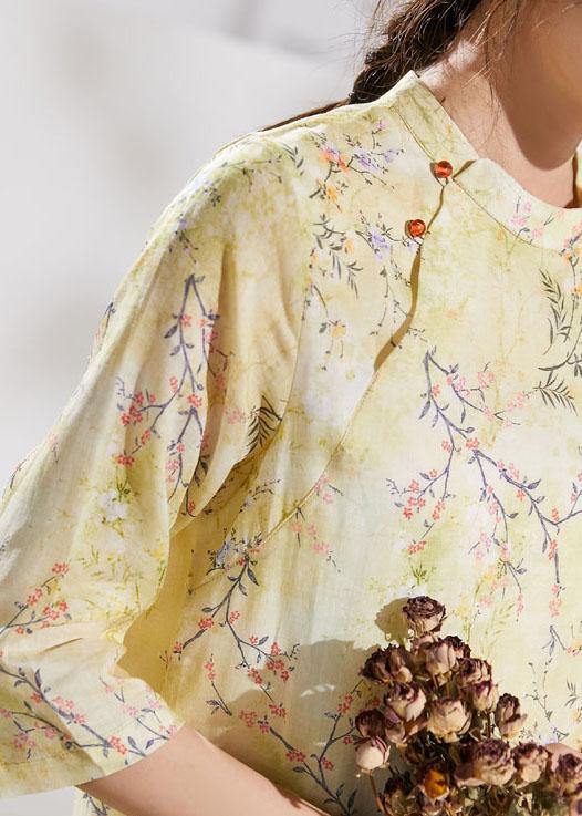 Unique o neck patchwork linen summer clothes Runway yellow print Dresses - SooLinen